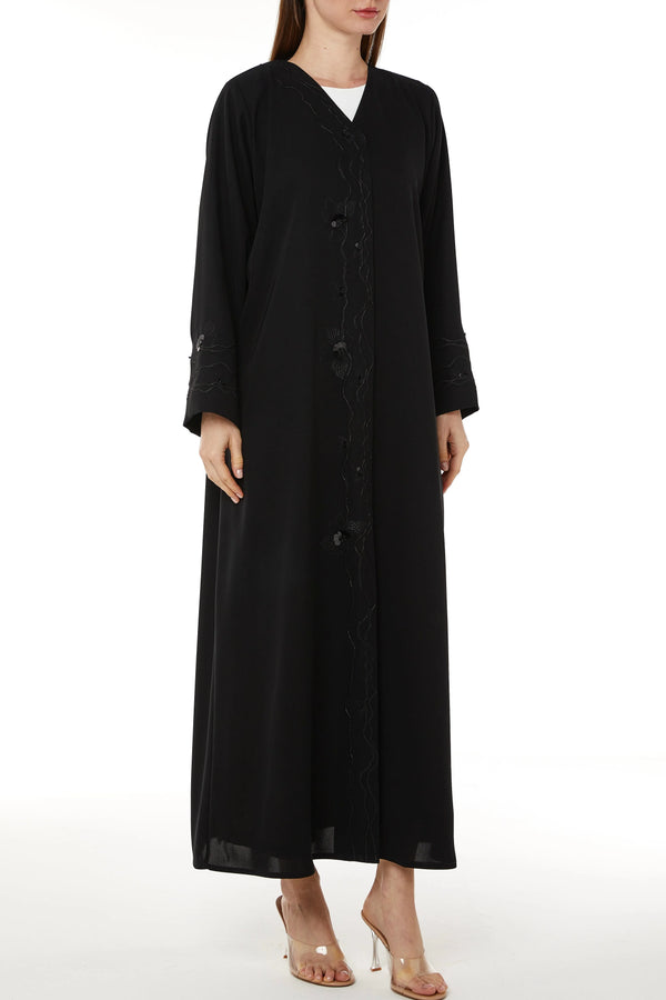 Black Farasha Crepe Custom Abaya with Embroidered Front Overlap