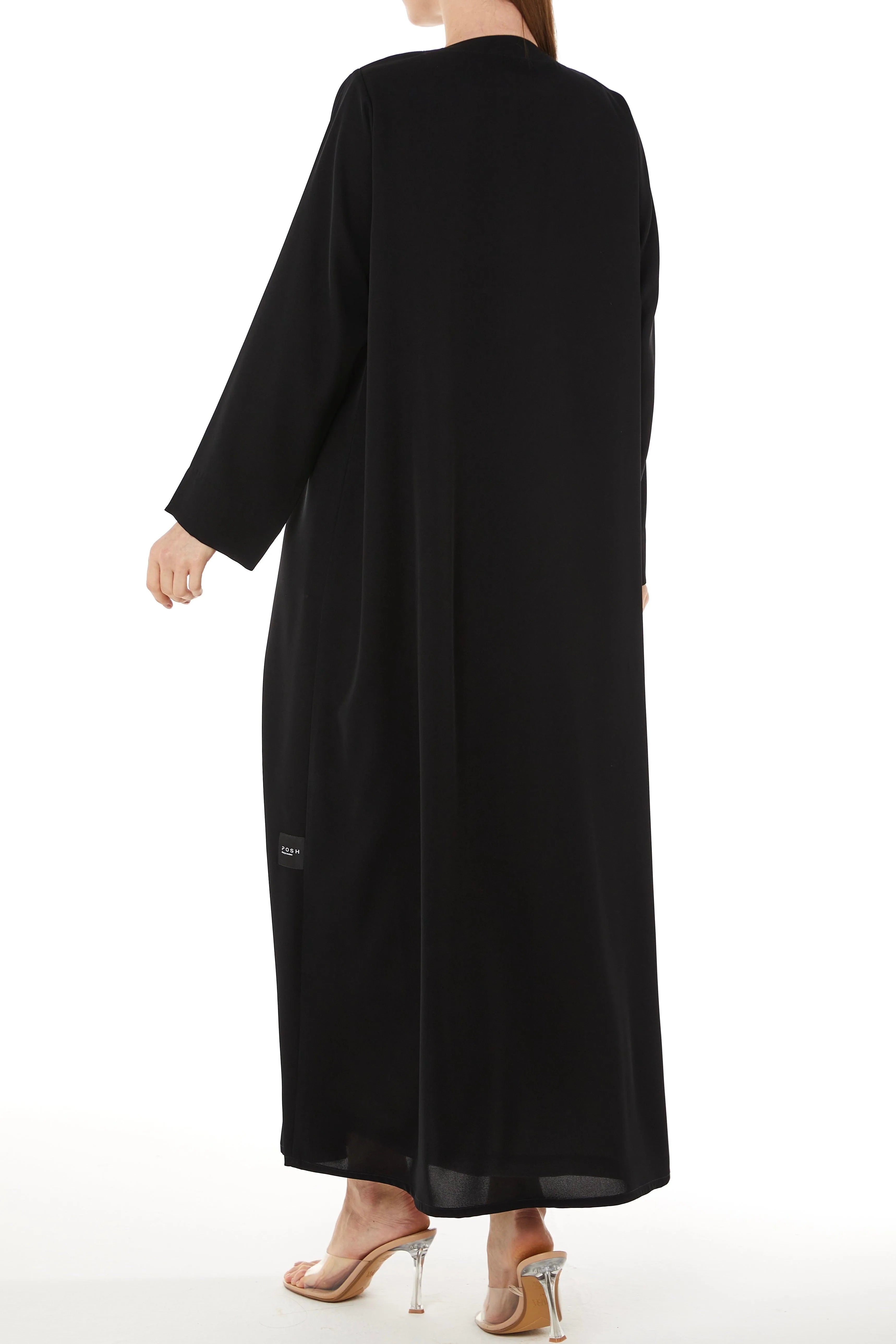 Black Farasha Crepe Abaya with Front Double Overlap - Posh Abaya