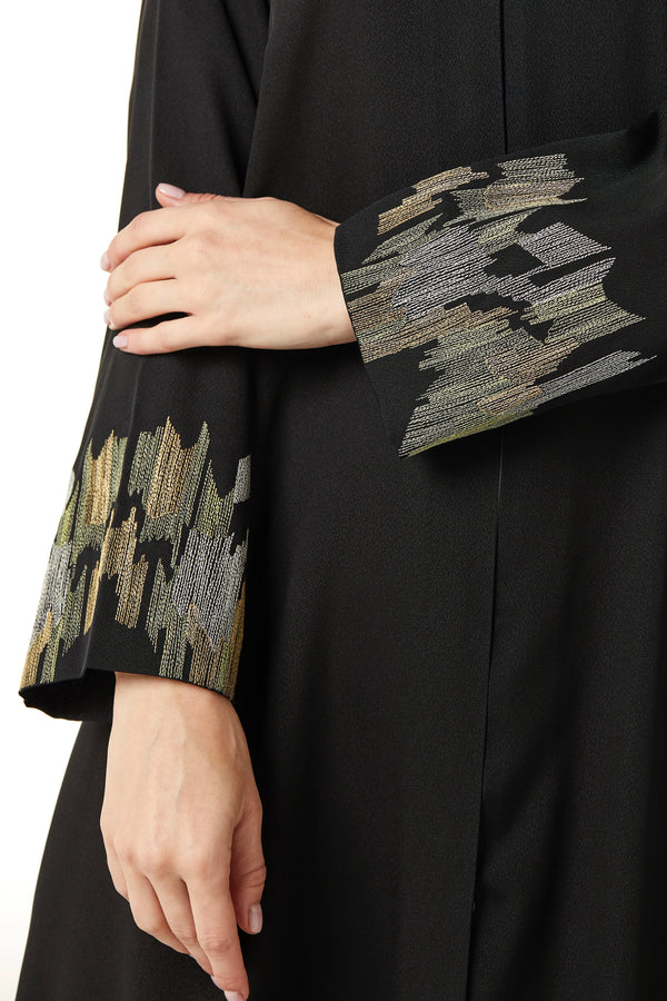 Black Sana Crepe Abaya with Abstract Sleeve Embroidery - Posh Abaya