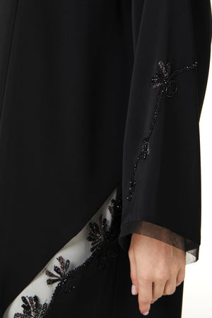 Black Royal Nada Custom Abaya, Side Beadwork with Net Panels