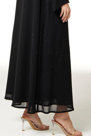 Black Malika Chiffon Custom Abaya with Front Beadwork Detail