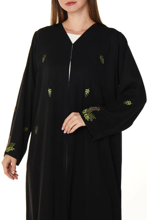 Black Farasha Crepe Custom Abaya with Front Vibrant Floral Scatter Embroidery