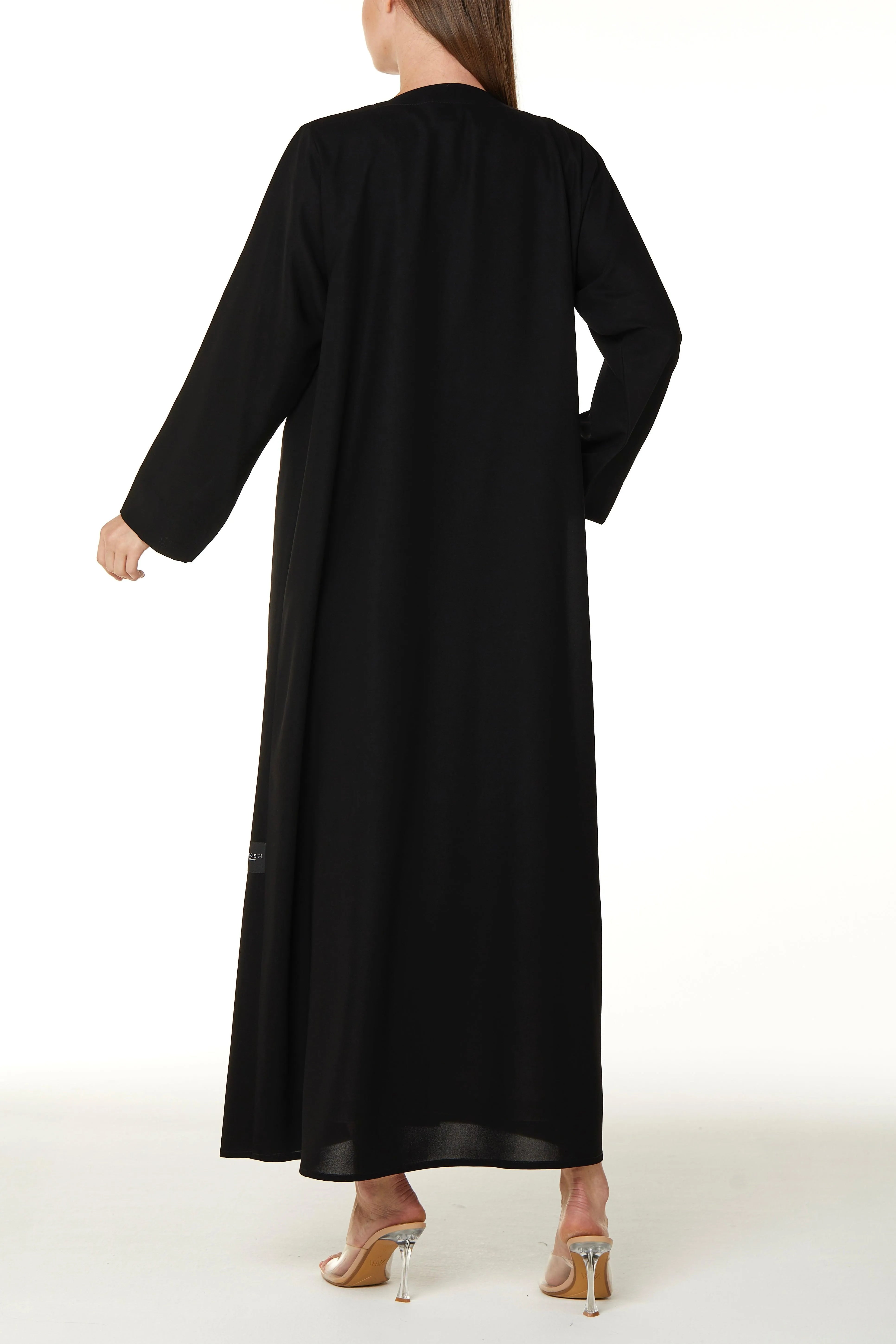 Black Nova Crepe Abaya with Front Loop Panel Details - Posh Abaya