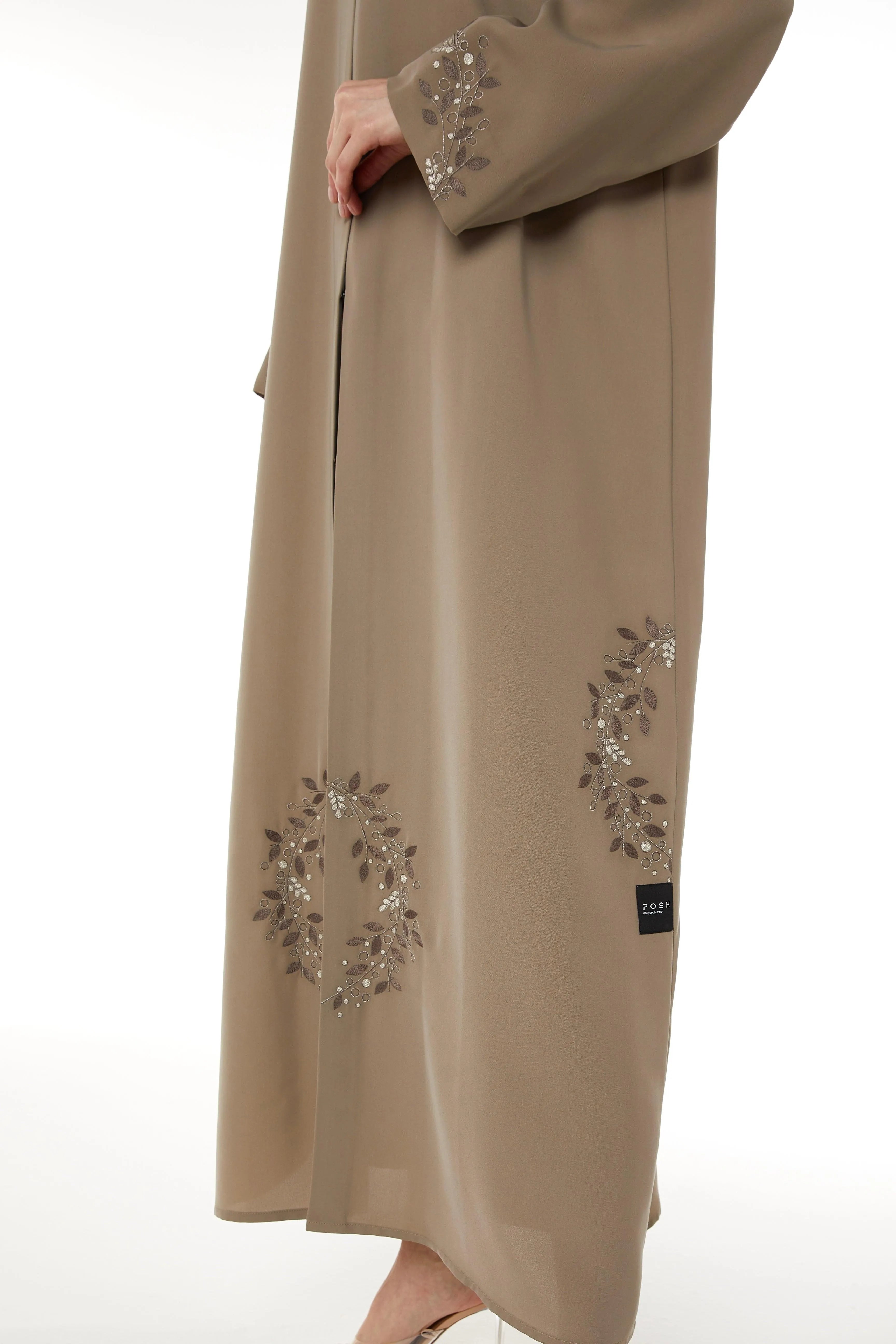 Beige Tokyo Crepe with Floral Embroidery - Posh Abaya