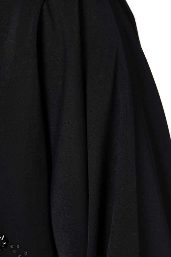Black Rose Crepe Custom Abaya with Front Atrful Threadwork