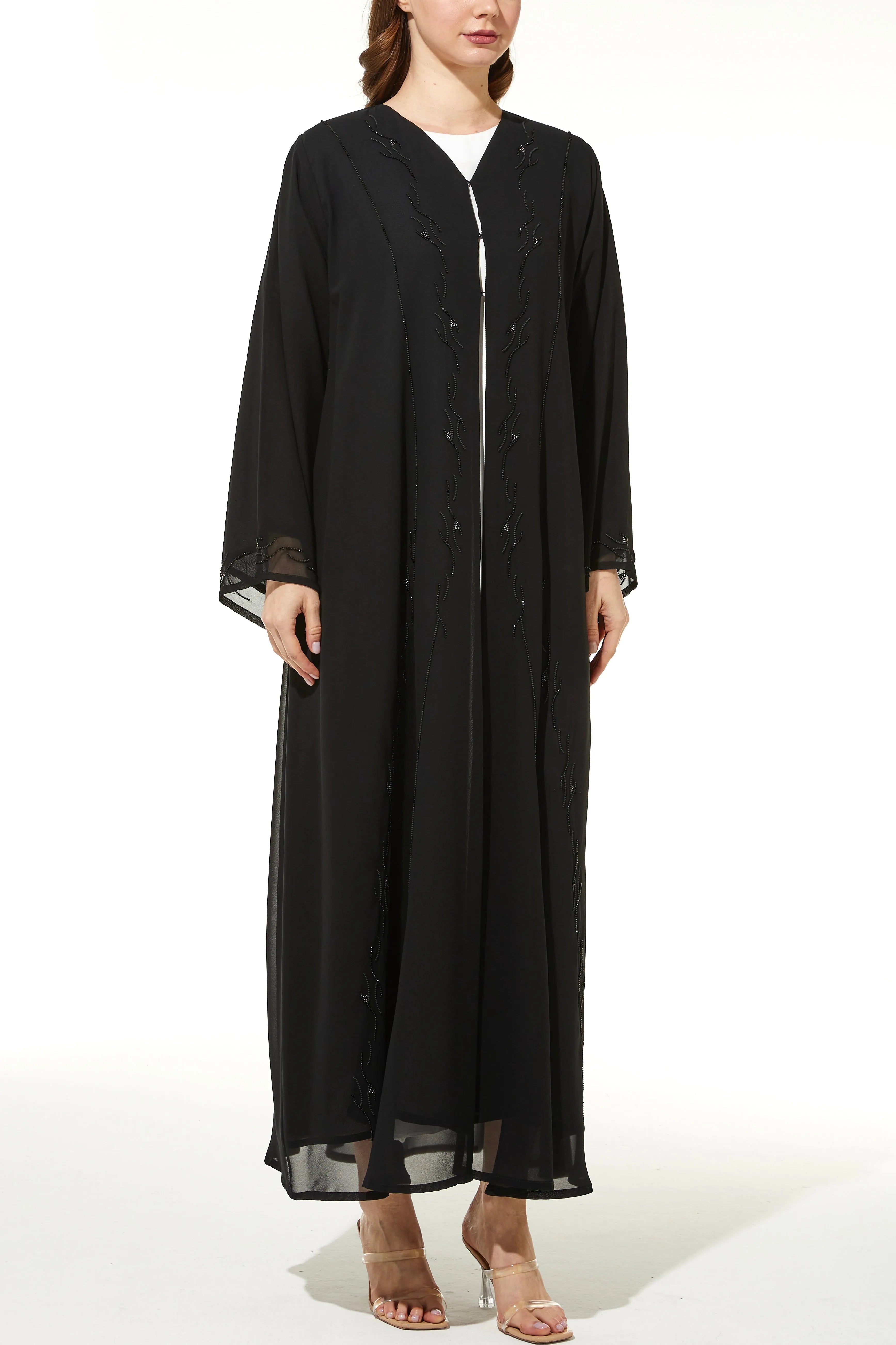 Chiffon Flare with Copper Bead Black Abaya - Posh Abaya