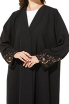 Black Iris Crepe Abaya with Sleeves Floral Embroidery - Posh Abaya