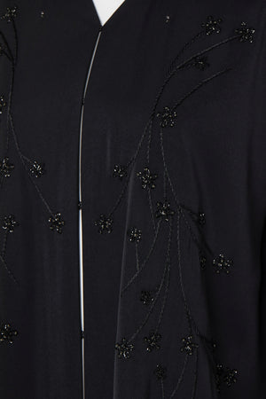 Black rose Crepe Custom Abaya with Front Floral Threadwork