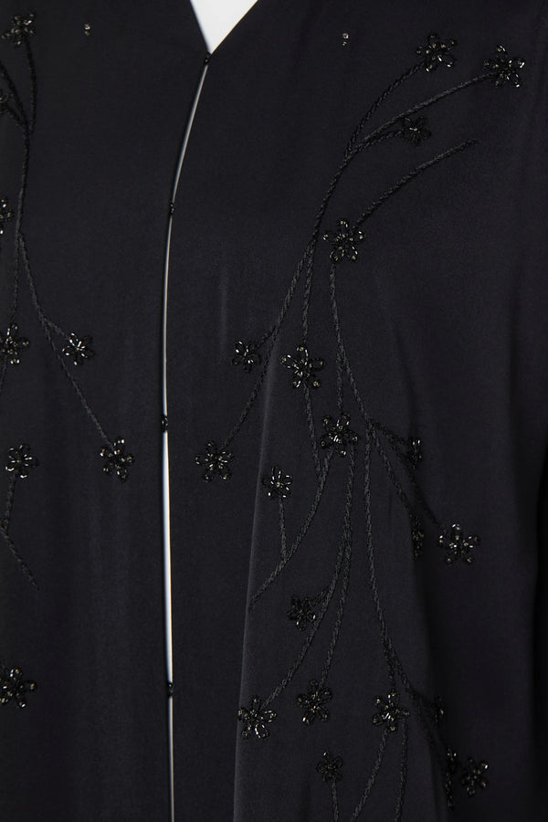 Black rose Crepe Custom Abaya with Front Floral Threadwork