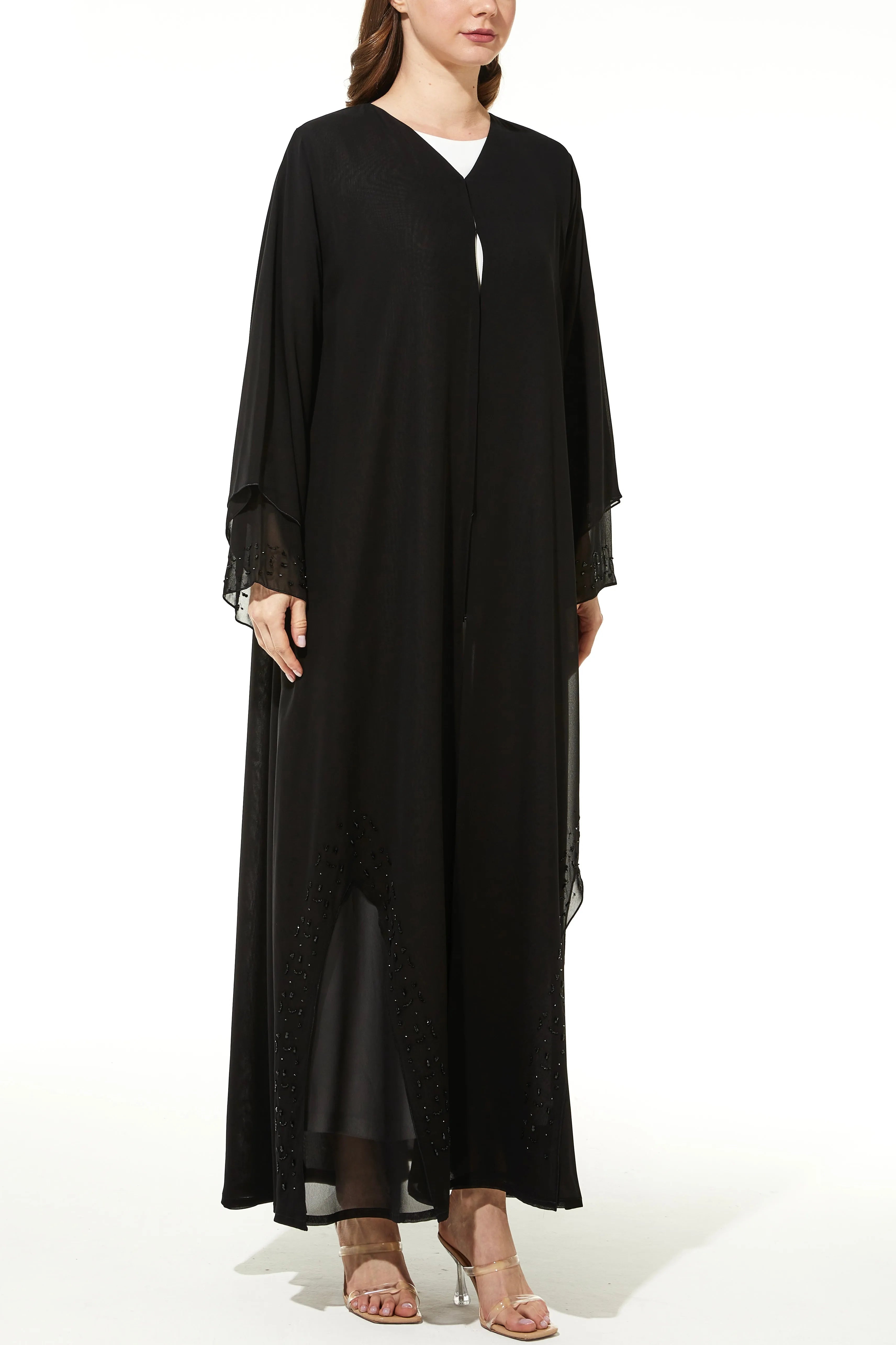 Silver touch Bead on Chiffon Flare Black Abaya - Posh Abaya