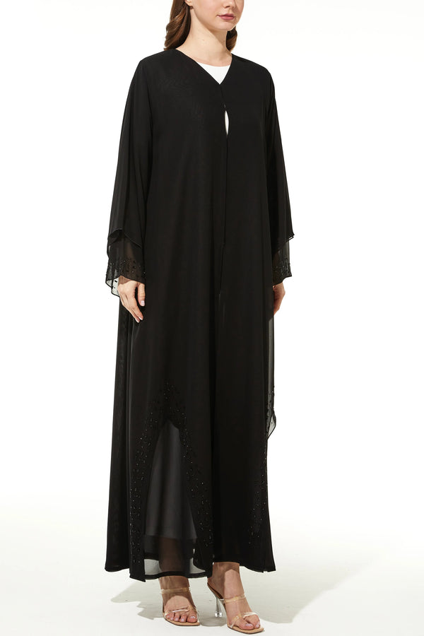 Silver touch Bead on Chiffon Flare Black Custom  Abaya