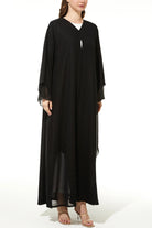 Black Layered Chiffon Flared Custom Abaya with Black & Silver Beadwork - Posh Abaya