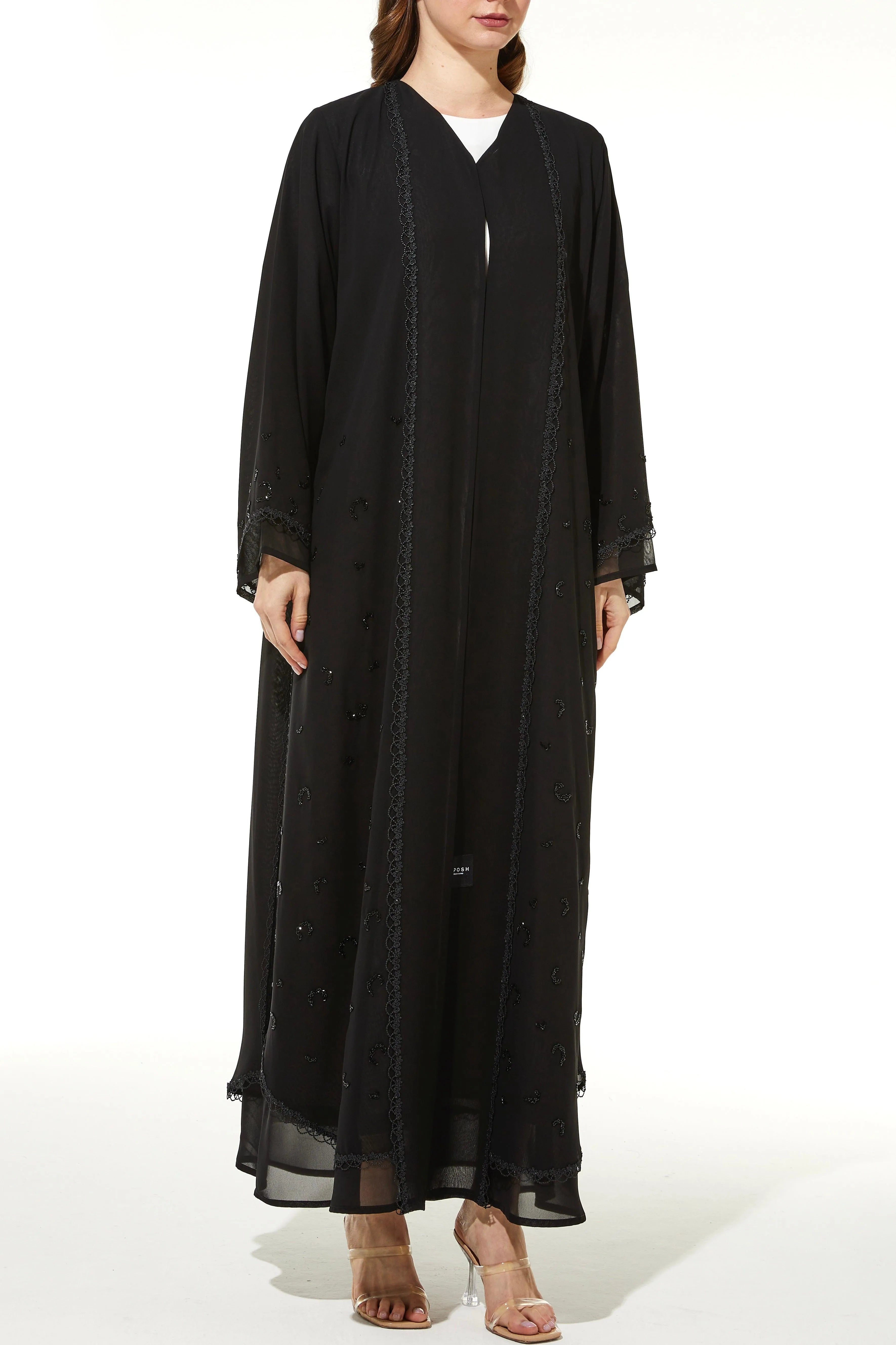 Black Lily Chiffon Abaya with Front Lace and Beadwork - Posh Abaya