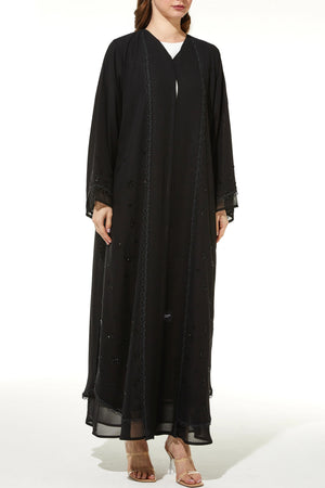 Black Lily Chiffon Custom Abaya with Front Lace and Beadwork