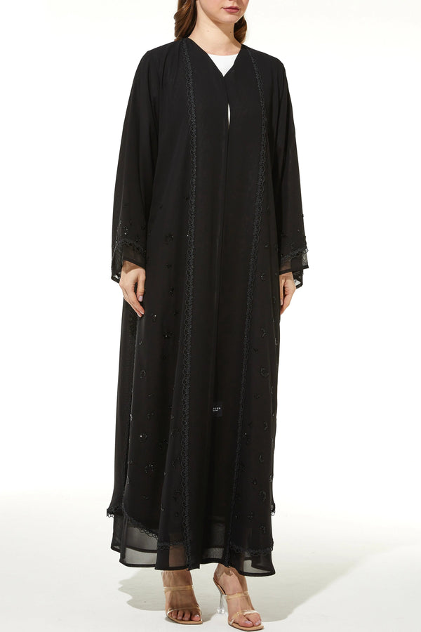 Black Lily Chiffon Custom Abaya with Front Lace and Beadwork