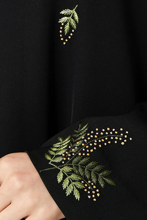 Black Farasha Crepe Custom Abaya with Front Vibrant Floral Scatter Embroidery