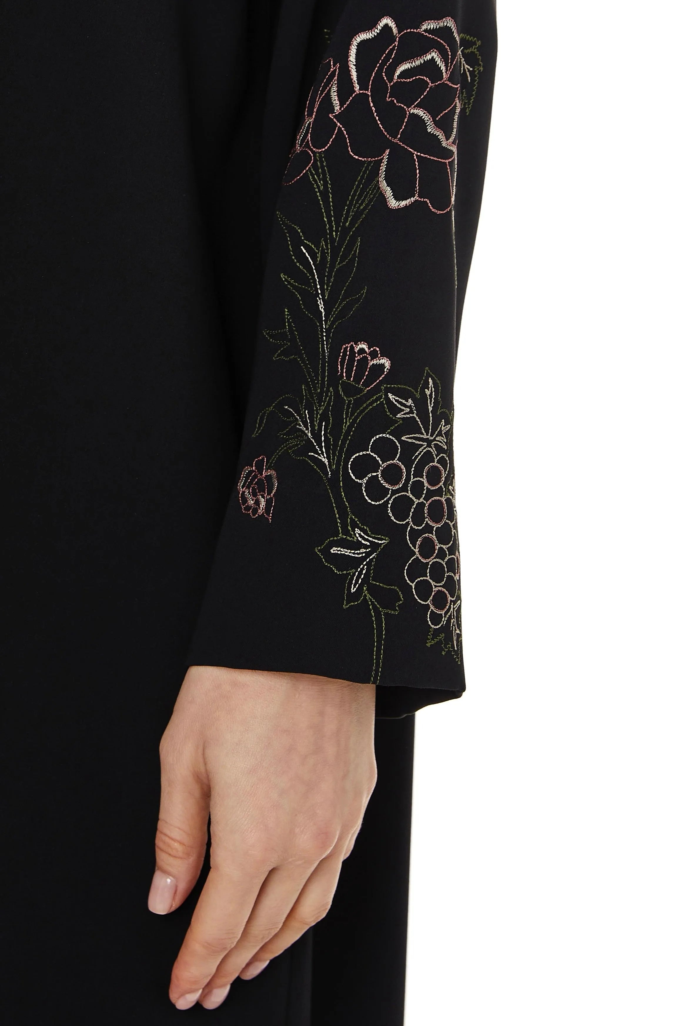 Black Layan Crepe Abaya with Floral Embroidered Sleeves - Posh Abaya
