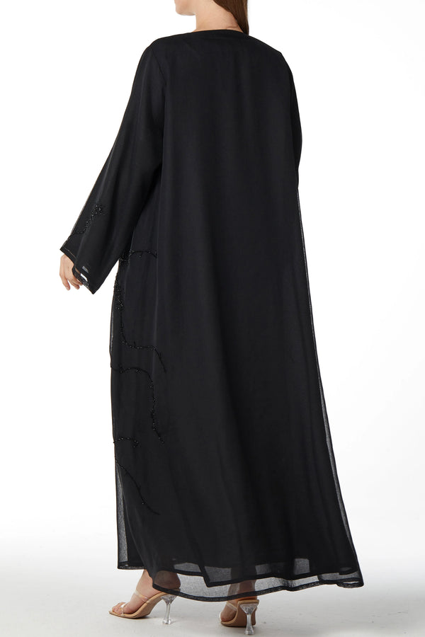 Side Bead Organza Black Custom Abaya