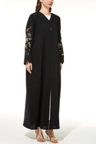 Black Layan Crepe Abaya with Sleeves Blossom Embroidery - Posh Abaya