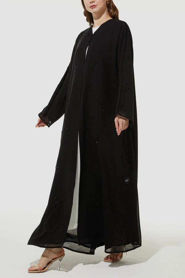 Custom Beaded Shadow Detail Flared Chiffon Custom Abaya  Black Abaya