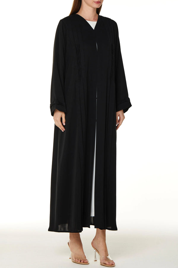 Black Classic Nada Custom Abaya with Beaded Crisscross Detail