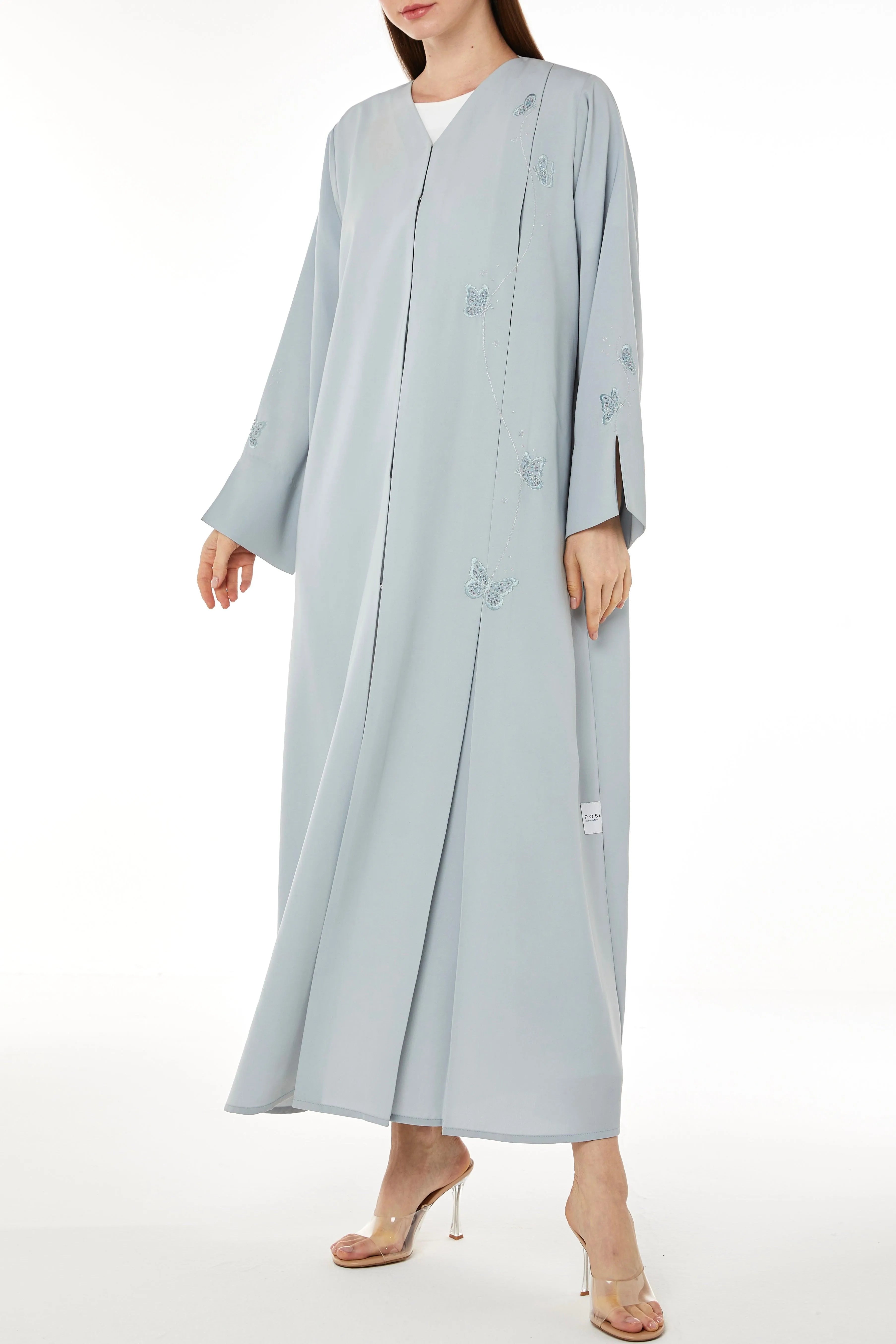 Blue Tokyo Crepe Abaya with Front Butterfly Embroidery - Posh Abaya