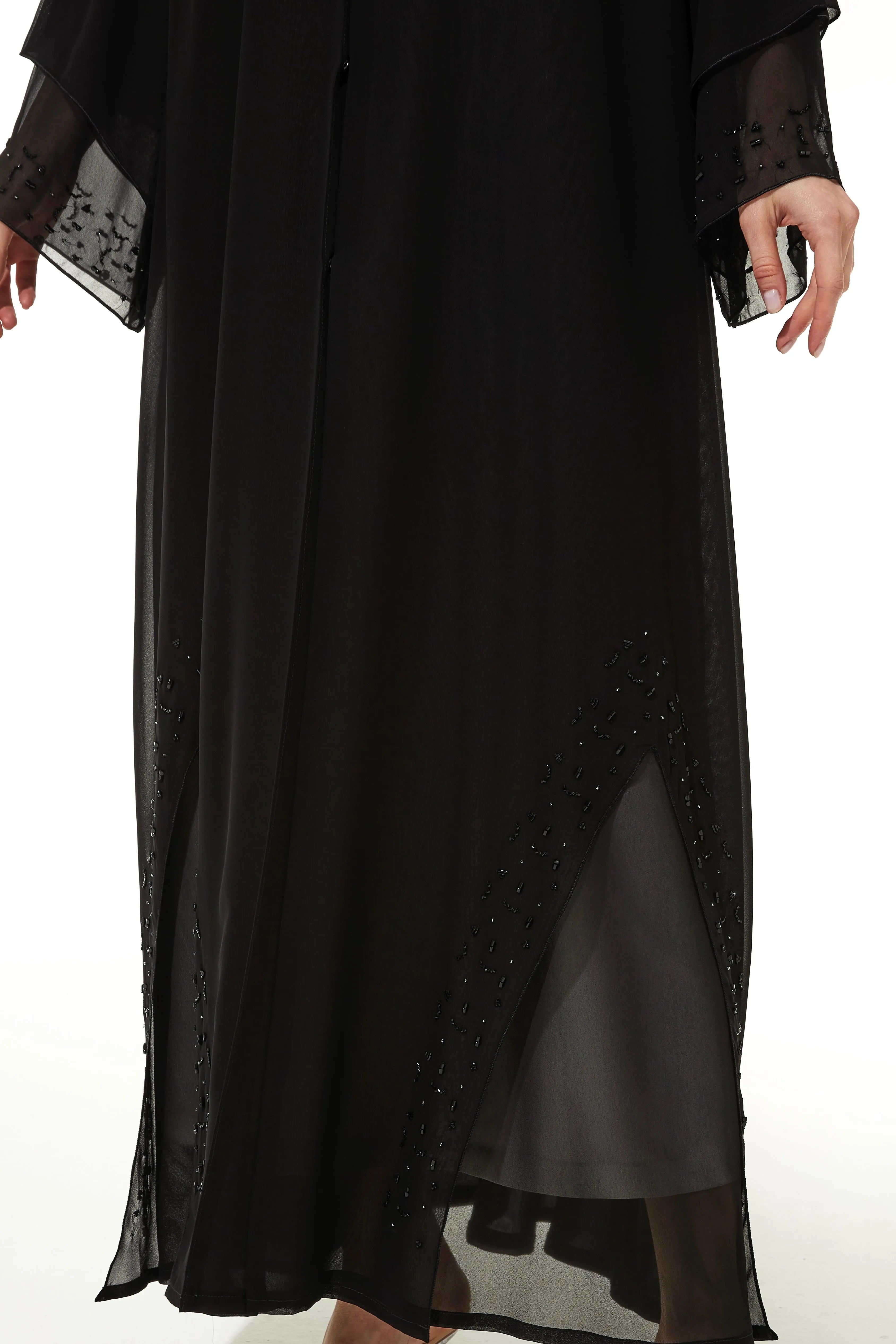 Silver touch Bead on Chiffon Flare Black Abaya - Posh Abaya