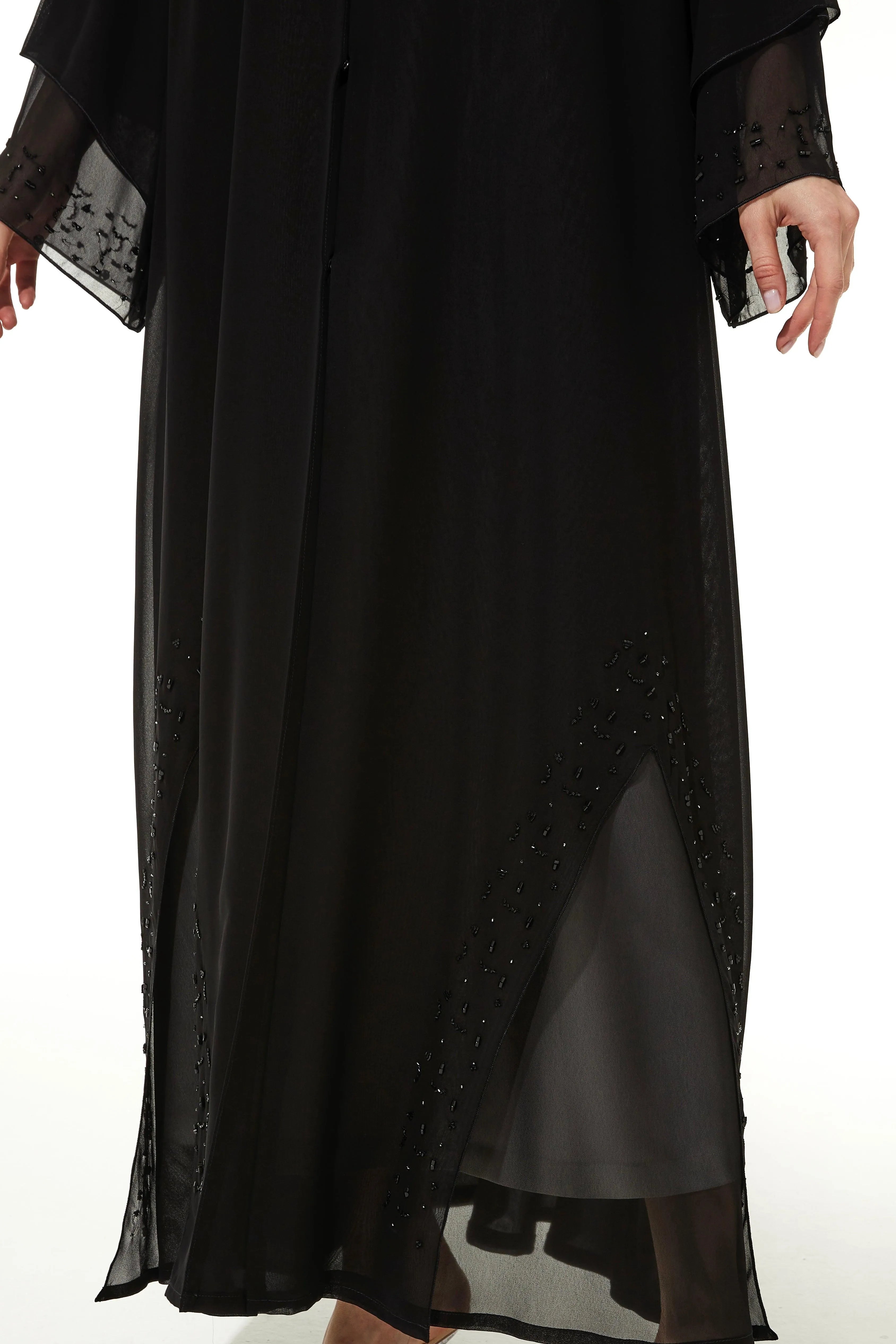 Black Layered Chiffon Flared Custom Abaya with Black & Silver Beadwork - Posh Abaya