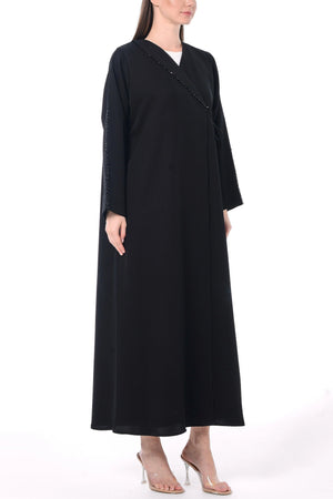 Black Emarati Crepe Custom Abaya with Front Overlap and Beadwork Details