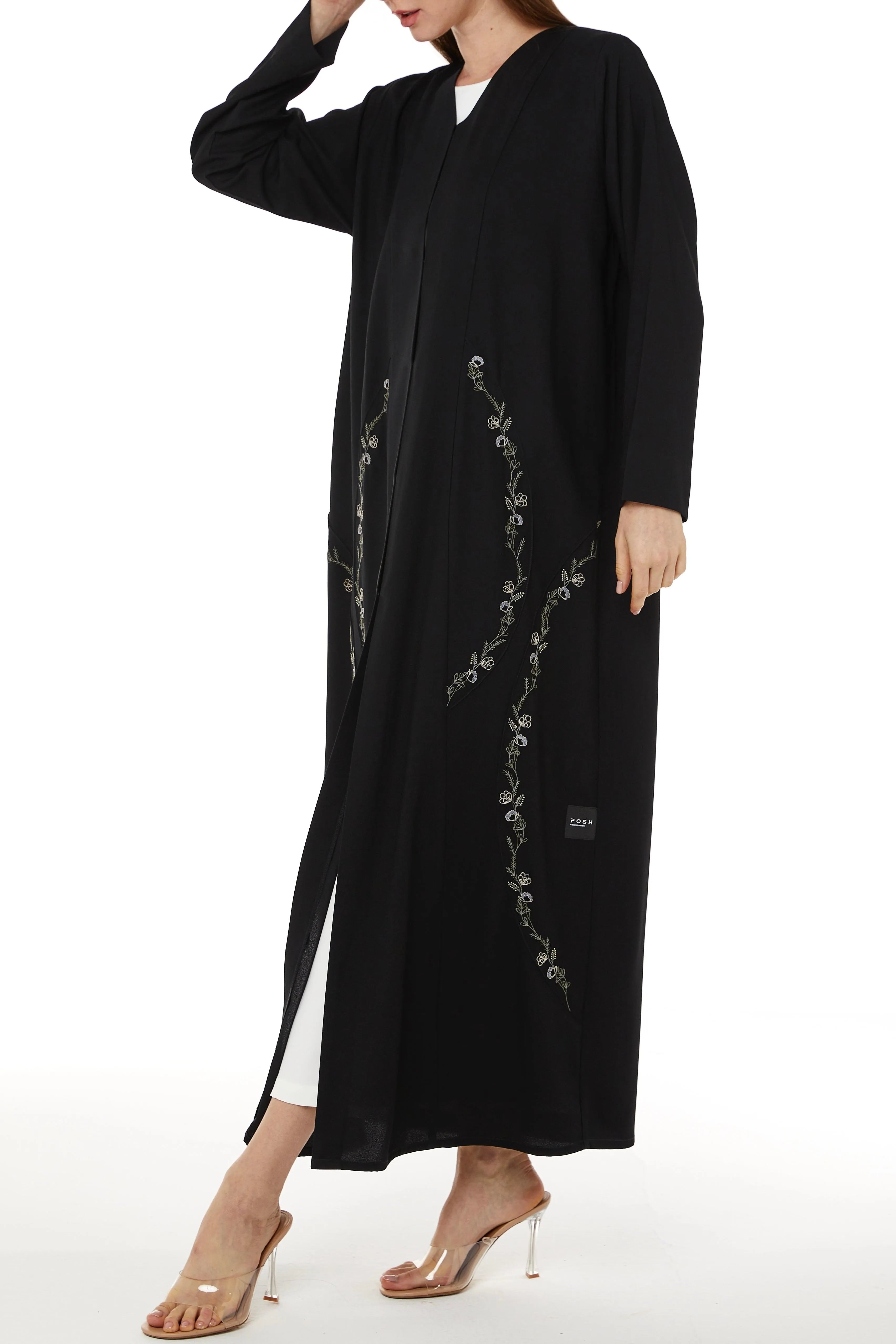 Black Acacia Crepe Abaya with Embroidered Front Cuts - Posh Abaya