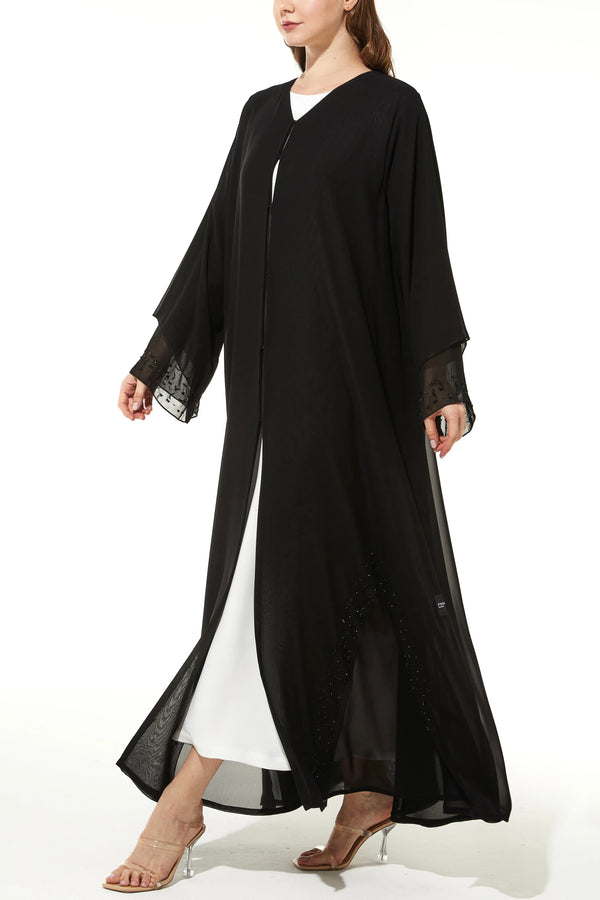 Silver touch Bead on Chiffon Flare Black Custom  Abaya