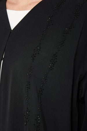 Black Tiana Crepe Custom Abaya with Front Art Lines Beadwork