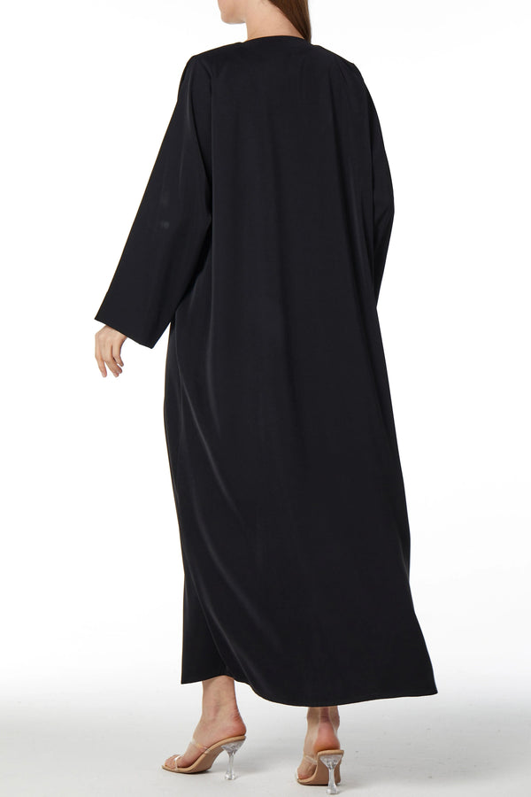 Black Rose Crepe Custom Abaya with Front Atrful Threadwork