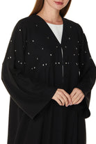Black Aria Crepe Abaya with Front Pleats with Beaded Front Panel and Flared Sleeves - Posh Abaya