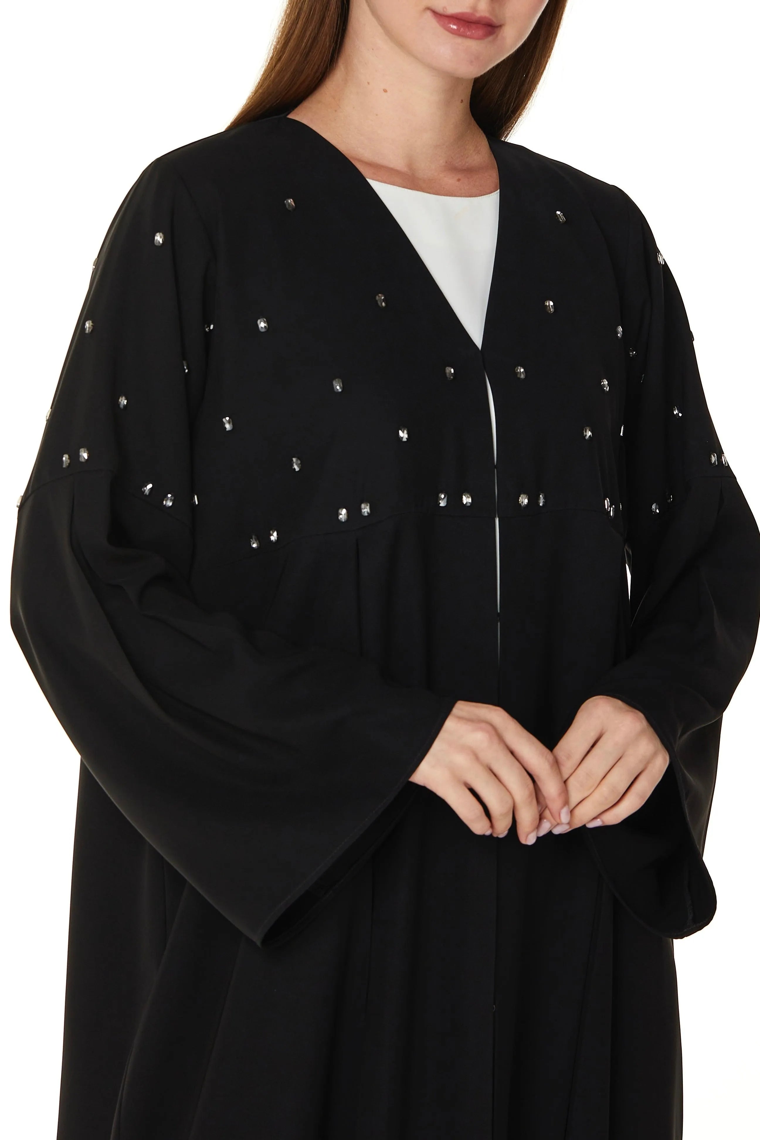 Black Aria Crepe Abaya with Front Pleats with Beaded Front Panel and Flared Sleeves - Posh Abaya