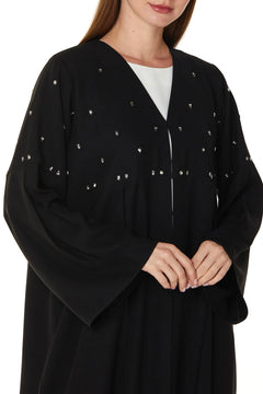 Black Aria Crepe Custom Abaya with Front Pleats with Beaded Front Panel and Flared Sleeves