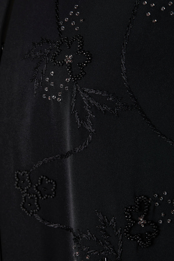 Black Rose Crepe Custom Abaya with Front Atrful Threadwork