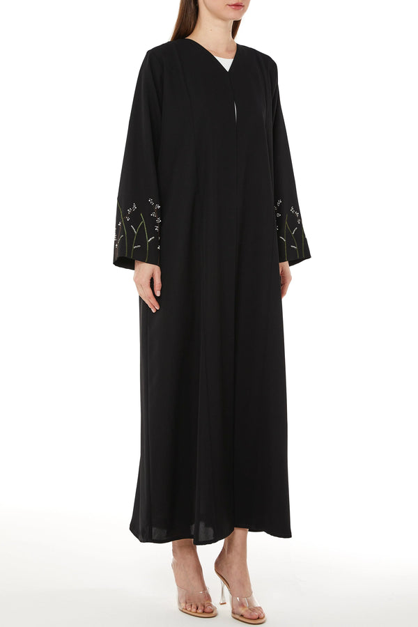 Black Tokyo Crepe Custom Abaya with Sleeves Embelishments