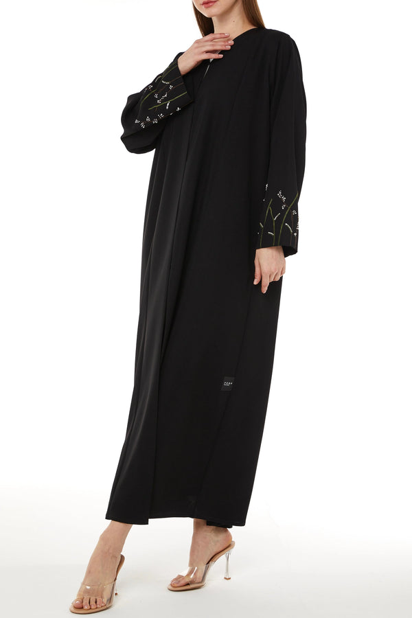 Black Tokyo Crepe Custom Abaya with Sleeves Embelishments
