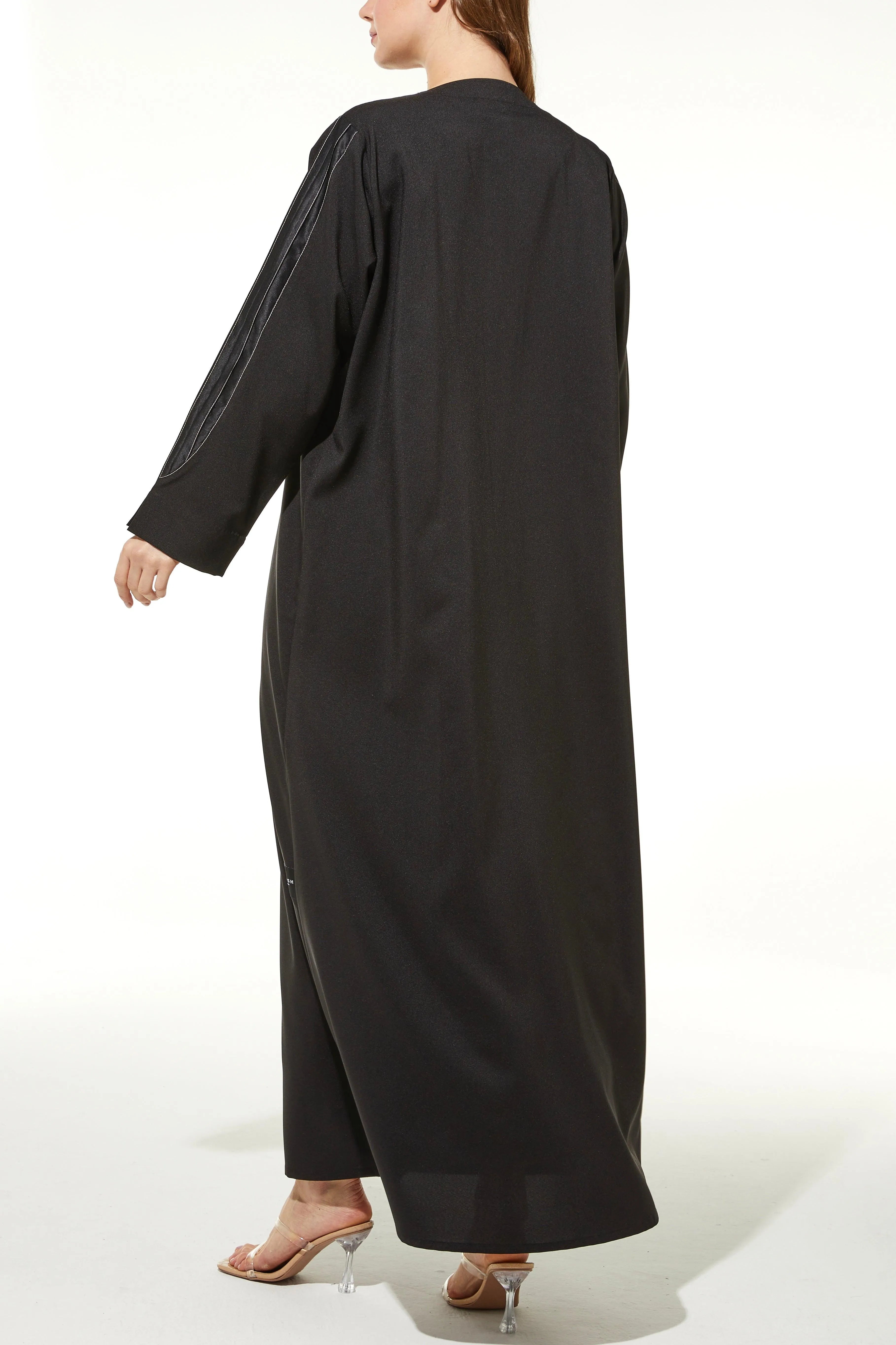 Crepe & Satin Bisht Black Abaya - Posh Abaya