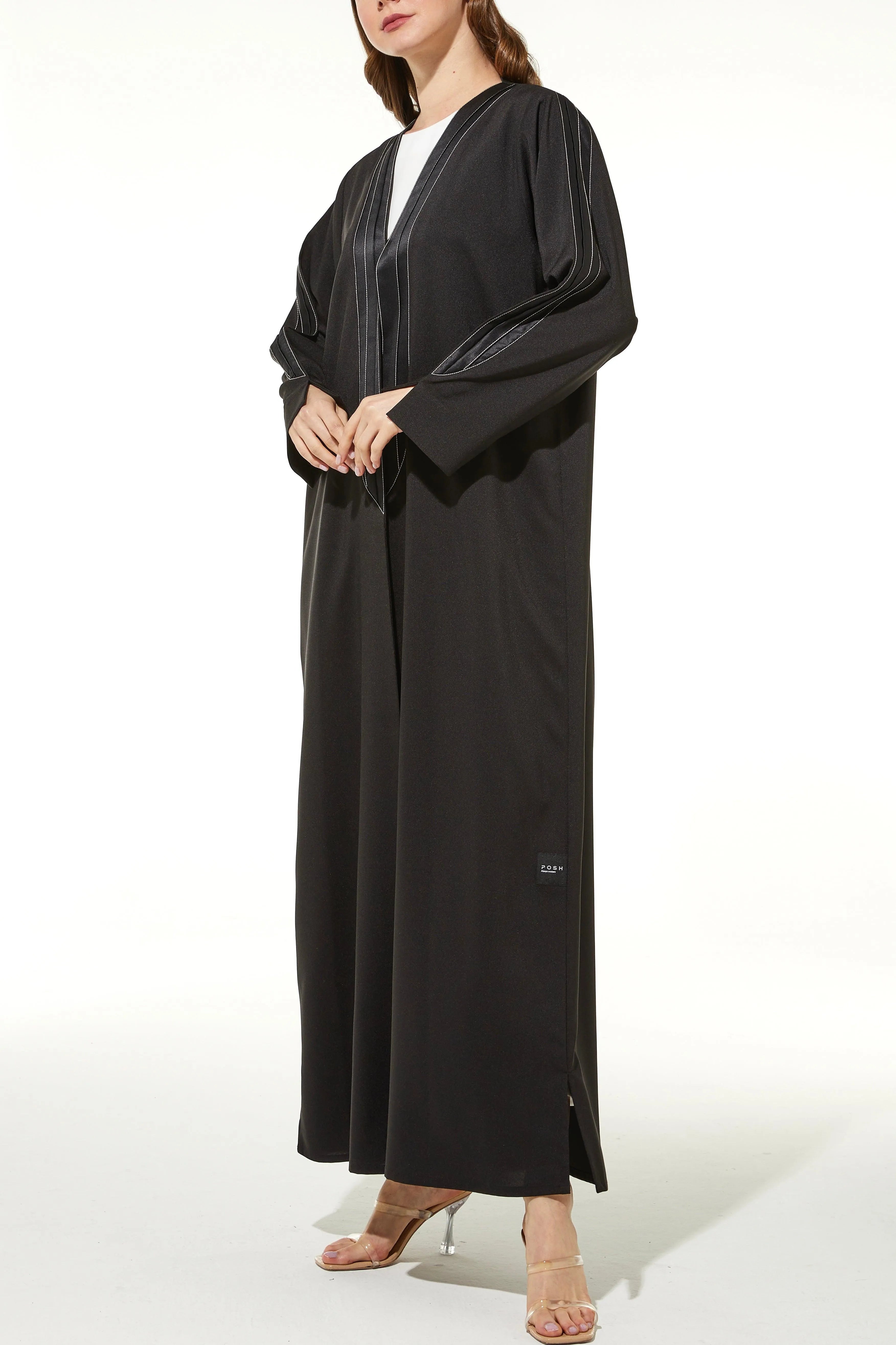 Crepe & Satin Bisht Black Abaya - Posh Abaya