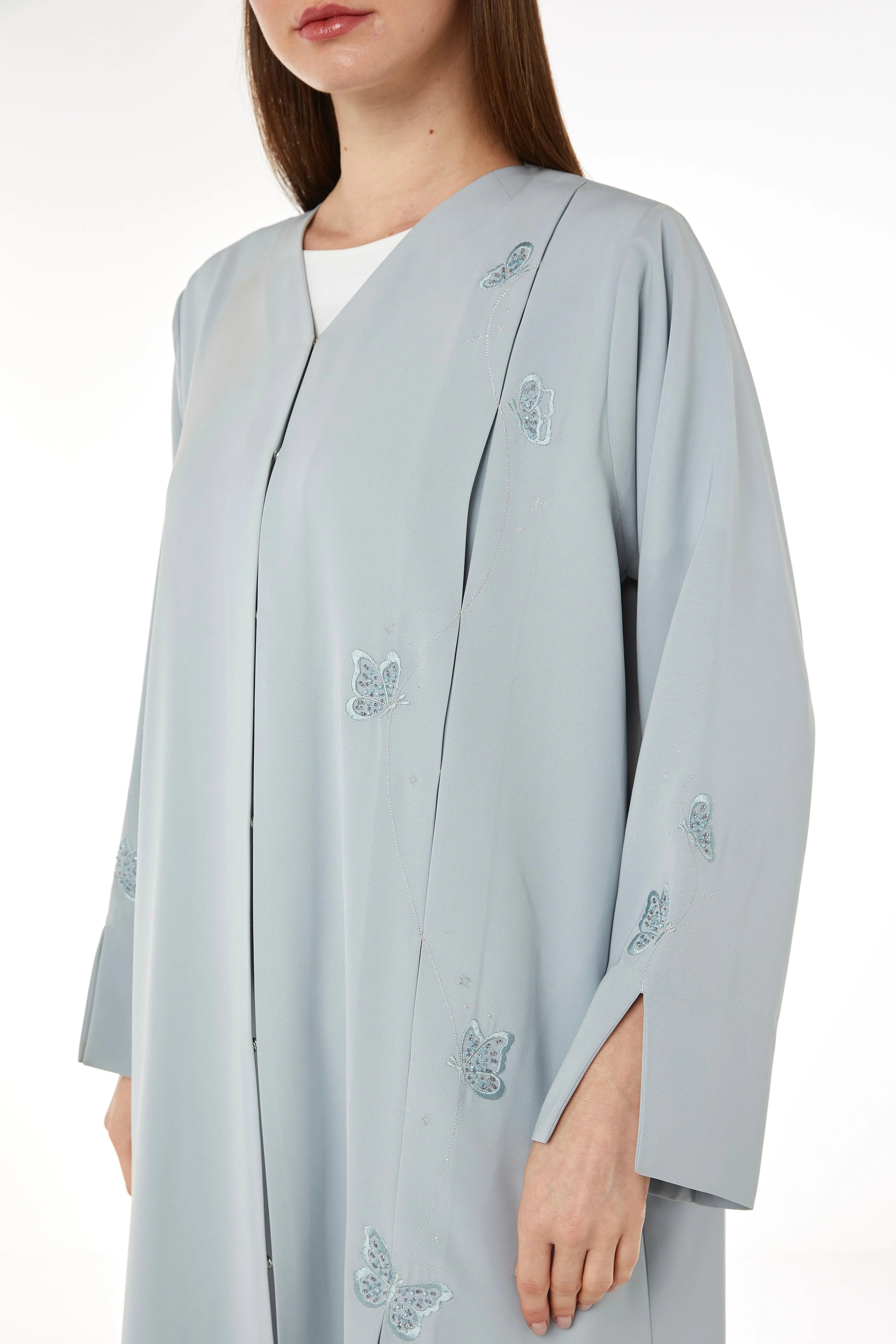 Blue Tokyo Crepe Abaya with Front Butterfly Embroidery - Posh Abaya