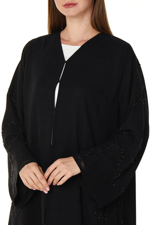 Black Malika Chiffon Custom Abaya with Front Beadwork Detail
