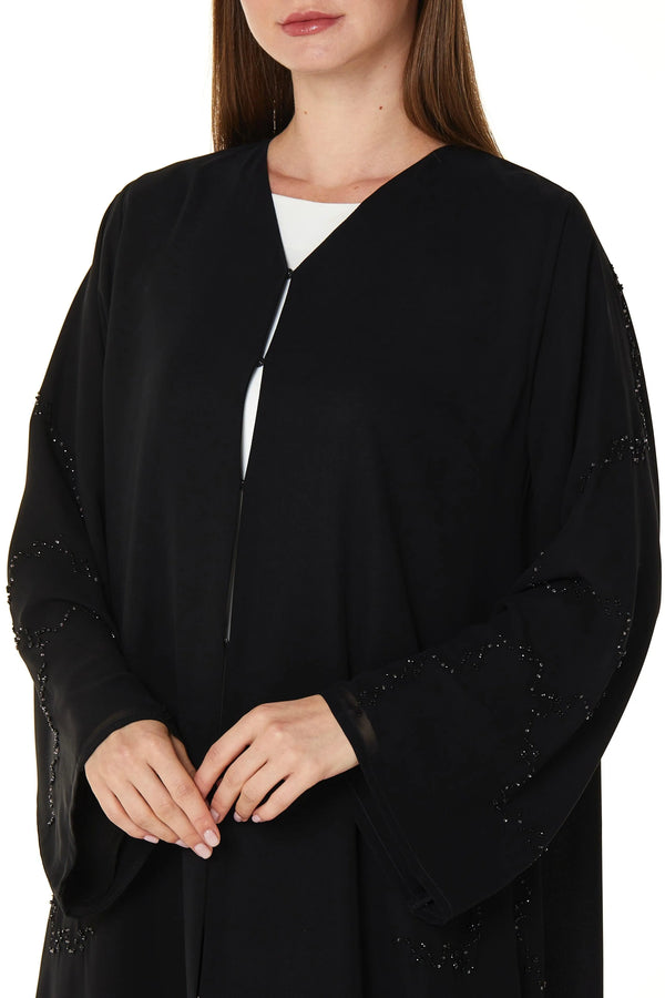 Black Malika Chiffon Custom Abaya with Front Beadwork Detail