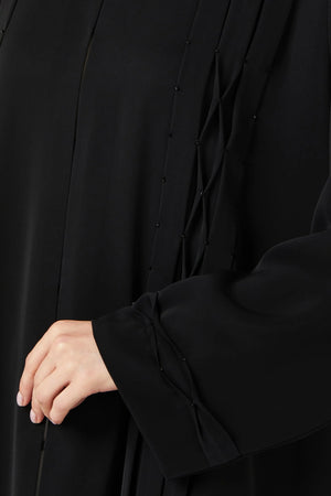 Black Classic Nada Custom Abaya with Beaded Crisscross Detail