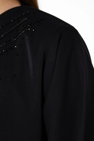 Black Crepe Ready Triangle Custom Abaya with Front Scattered Beadwork