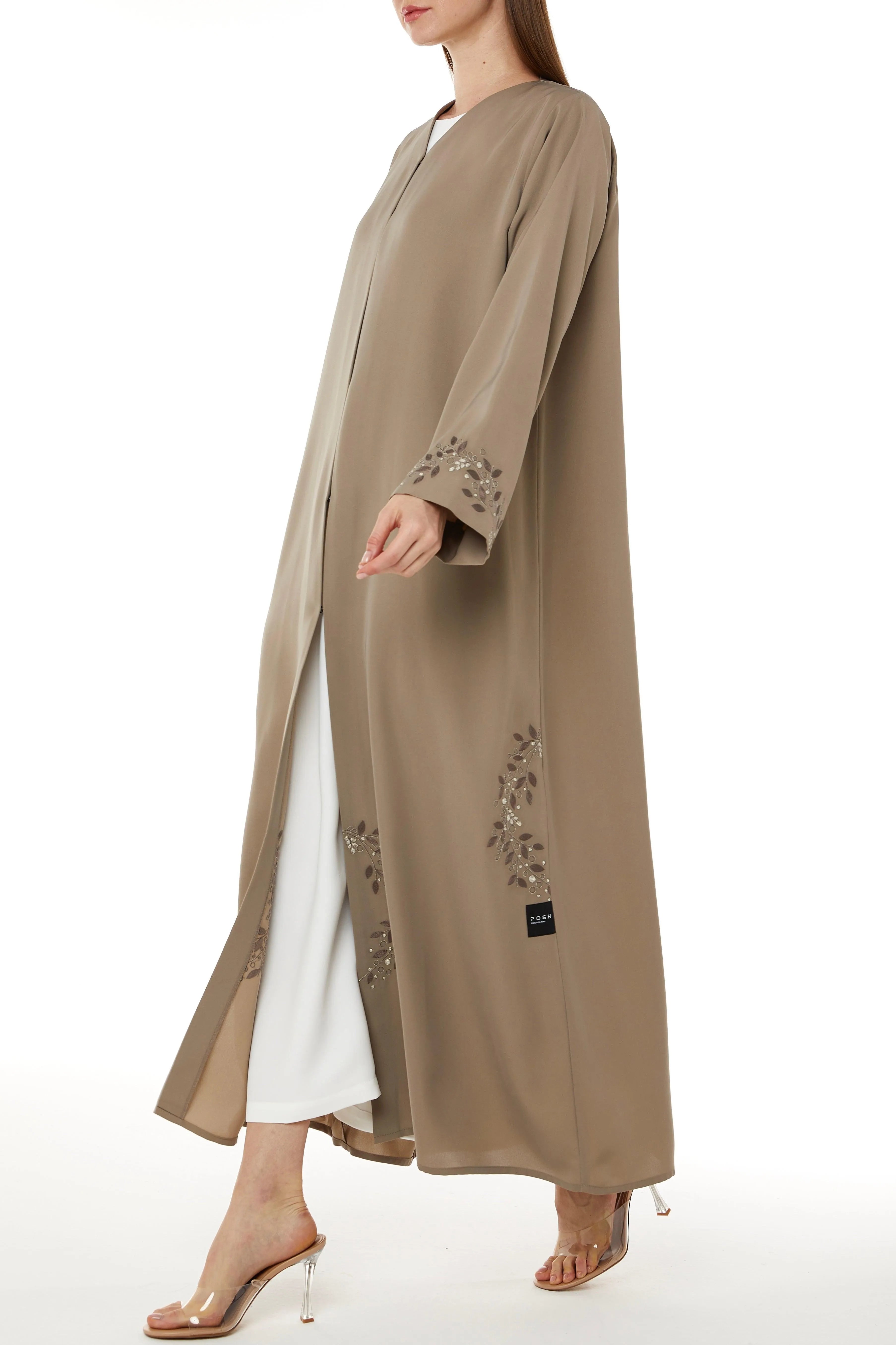 Beige Tokyo Crepe with Floral Embroidery - Posh Abaya
