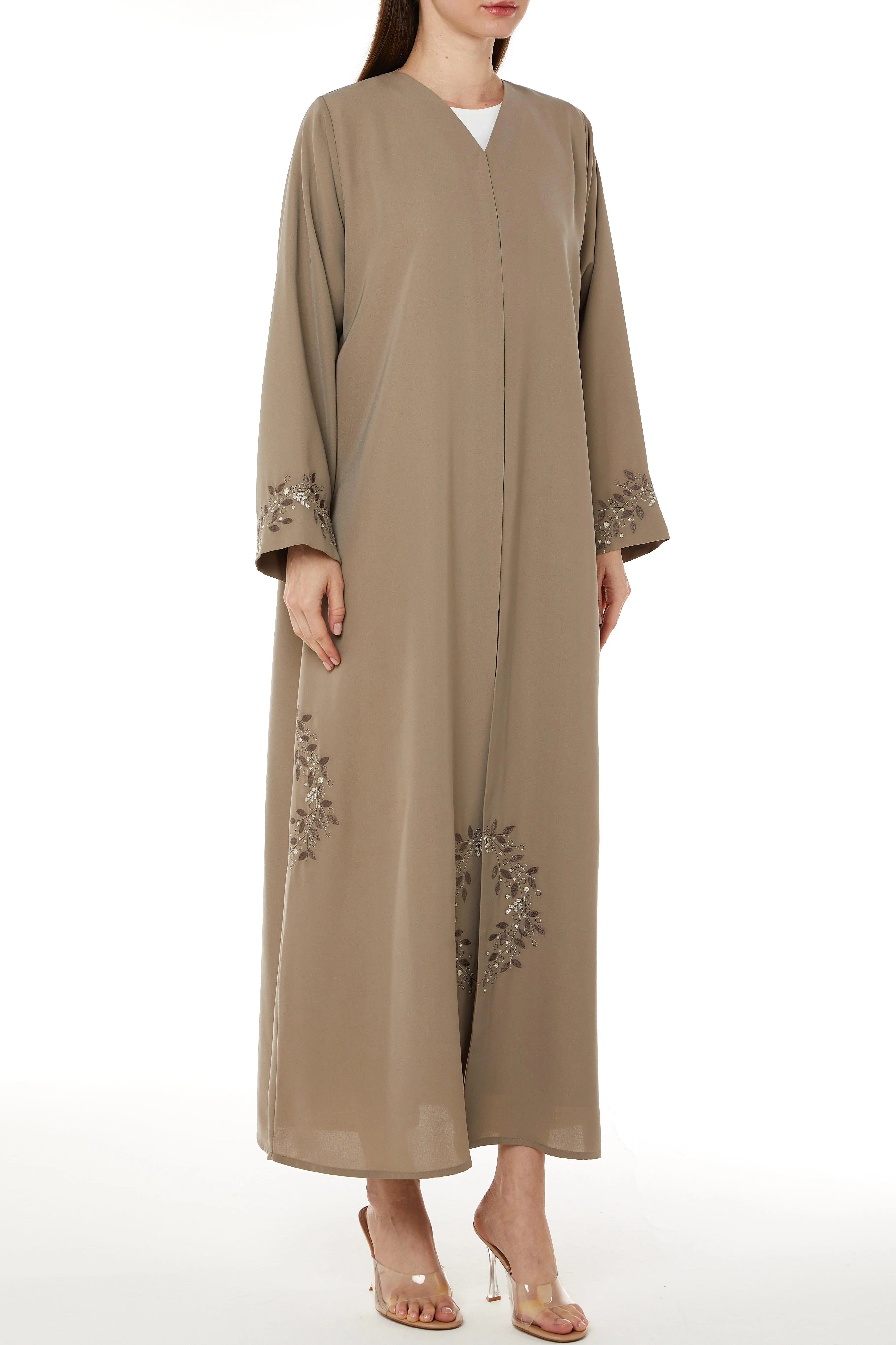 Beige Tokyo Crepe with Floral Embroidery - Posh Abaya