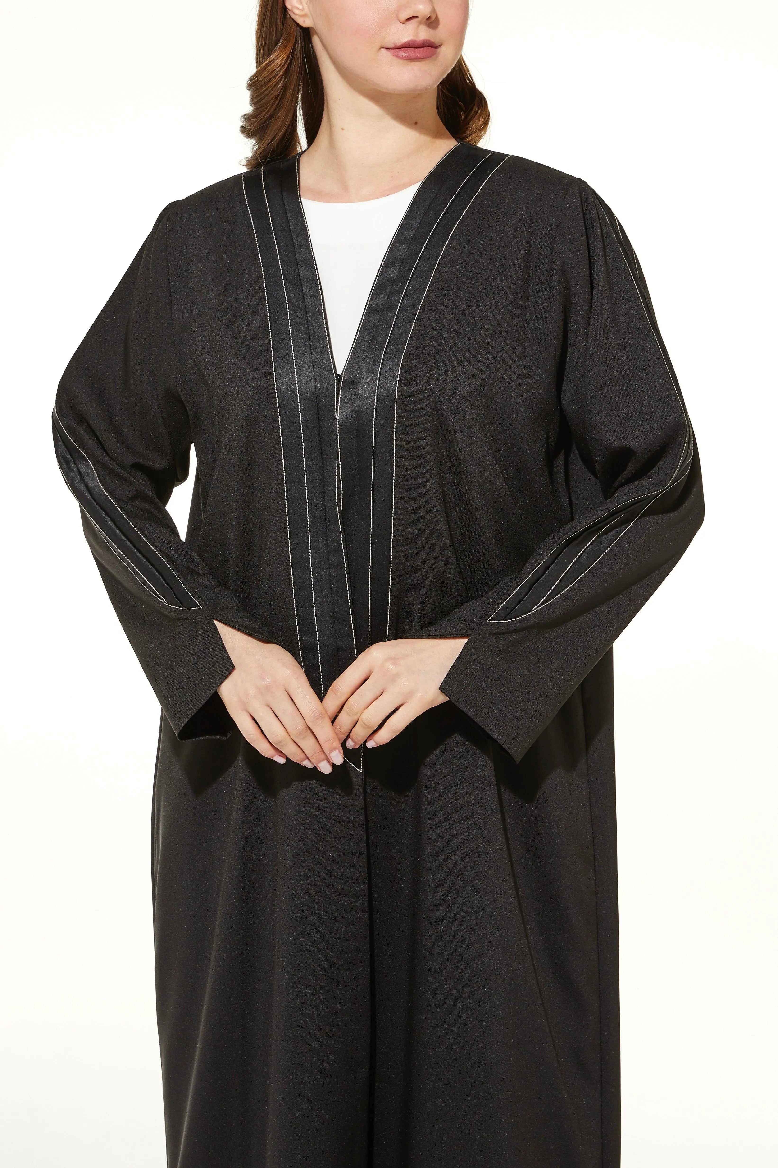 Crepe & Satin Bisht Black Abaya - Posh Abaya