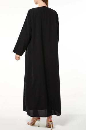 Black Tokyo Crepe Custom Abaya with Front Threadwork and Beads